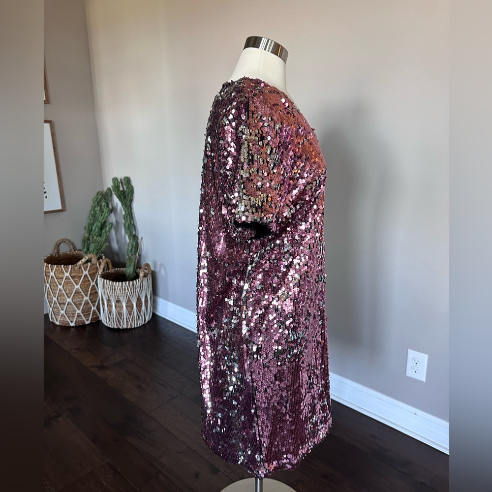 Universal Standard x J.Crew T-Shirt Dress V-neck NYE Date Night Pink Sequin LG - Picture 6 of 17